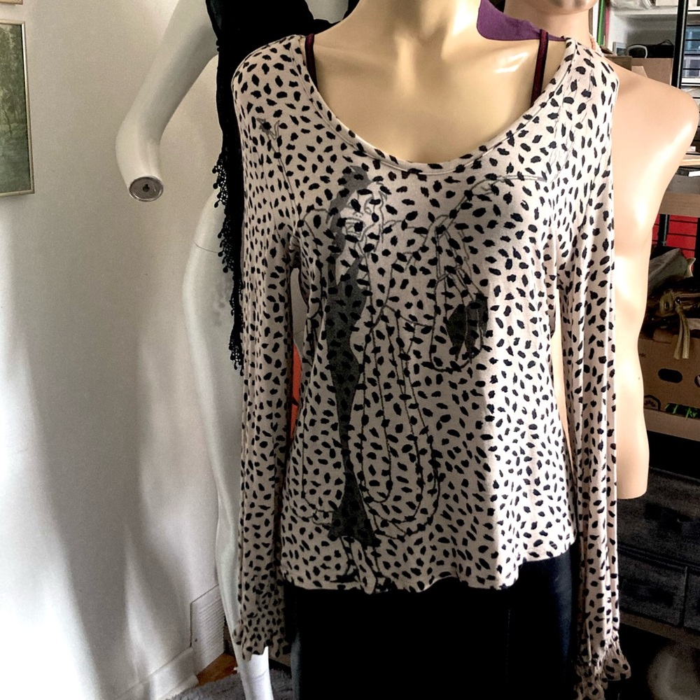 Hand Drawn Cruella Deville Art on Upcycled Spotted Top - Nude and Black